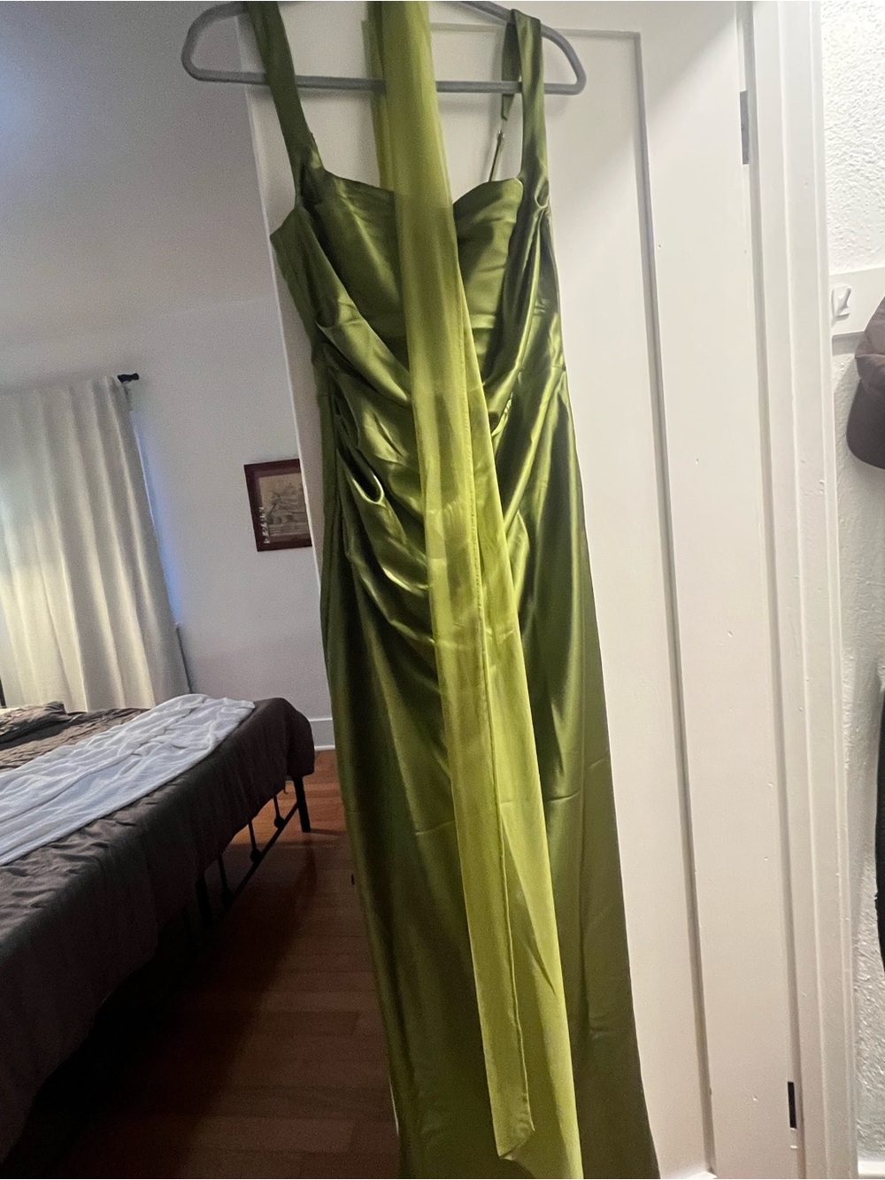 Babyboo Calanthe Olive Green Satin Evening Dress with neck scarf